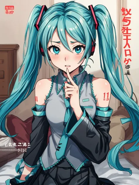 (cover, cover page:1.3), hatsune miku, twintails, green hair,bare shoulders, black skirt, black sleeves, detached sleeves, cyan shirt, hair ornament, (embarrassed:1.1), bedroom <lora:flat2:-1>, best quality, beautiful and delicate lips, delicate fingers, detailed pupil, illustration, NaturalHand2-3500, in gochuumon wa usagi desu ka? style, nostalgic