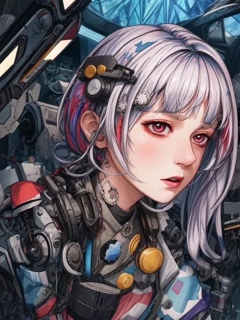 sci-fi, 1girl, wearing security guard outfits, (kaleidoscopic hair, blunt hair:1.36),
, Various postures, contemptuous, disgust, disproportionate breasts,
(freckles:0.5), (dark mole:0.3), (skin spots, acnes, skin blemishes, age spot, lanugo:0.3), front view , in the (operating machine:1.4),
500px,
summer,
evening,
<lora:flat2:-1>,, (8k, RAW photo, best quality, masterpiece:1.2), ultra detailed, ultra high res, (realistic, photo realistic:1.37), high detail RAW color photo, professional photograph, an extremely delicate and beautiful, extremely detailed, 8k wallpaper, Amazing, finely detail, huge file size, extremely detailed beautiful girl, extremely detailed face, extremely detailed eyes, extremely detailed skin, extremely detailed fingers, extremely detailed nose, extremely detailed mouth, perfect anatomy, highly detailed background, NaturalHand2-3500, beautiful and delicate lips, delicate fingers, detailed pupil, real human skin, shiny skin,, in gochuumon wa usagi desu ka? style, nostalgic