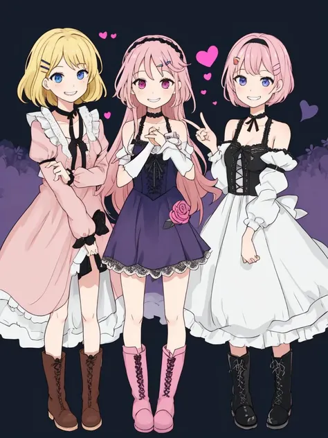 A trio of smiling girls with long, colorful hair pose for the camera, each wearing a different cute outfit. The girl in the center has bright pink hair and a playful expression, while the girl on the left has short blonde hair and a mischievous grin. The girl on the right has long, flowing purple hair and a serene gaze. They stand against a simple background, with a scattering of colorful flowers and a bright blue sky in the distance. Each girl's unique personality shines through in their clothing and accessories, from the girl on the left with her pink hair ribbon and heart-shaped hairclip, to the girl on the right with her black choker and lace-up boots.