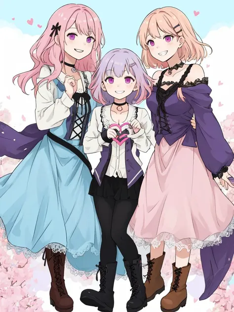 A trio of smiling girls with long, colorful hair pose for the camera, each wearing a different cute outfit. The girl in the center has bright pink hair and a playful expression, while the girl on the left has short blonde hair and a mischievous grin. The girl on the right has long, flowing purple hair and a serene gaze. They stand against a simple background, with a scattering of colorful flowers and a bright blue sky in the distance. Each girl's unique personality shines through in their clothing and accessories, from the girl on the left with her pink hair ribbon and heart-shaped hairclip, to the girl on the right with her black choker and lace-up boots.