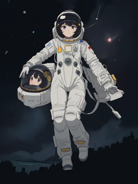 (((masterpiece,best quality,an extremely delicate and beautiful,illustration))),(dynamic angle, medium long shot),((a cute_detailed_girl in spacesuit,beautiful_detailed_face in aerospace_helmet)),(((full body))),(disheveled hair:0.3),(((clouds:0.3),multiple_luna,(floating_fortress technology machinery),night sky background)),(cyberpunk_aerospace_helmet), 
(perspective:1.2),