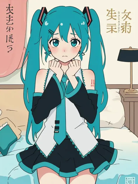 (cover, cover page:1.3), hatsune miku, twintails, green hair,bare shoulders, black skirt, black sleeves, detached sleeves, cyan shirt, hair ornament, (embarrassed:1.1), bedroom <lora:flat2:1>, in gochuumon wa usagi desu ka? style, nostalgic