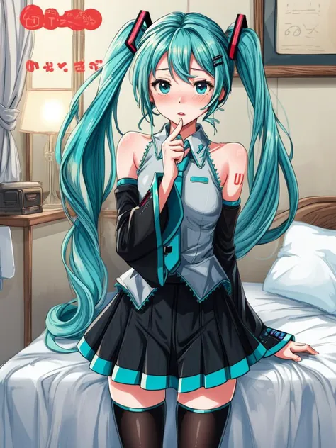 (cover, cover page:1.3), hatsune miku, twintails, green hair,bare shoulders, black skirt, black sleeves, detached sleeves, cyan shirt, hair ornament, (embarrassed:1.1), bedroom <lora:flat2:-1>, best quality, beautiful and delicate lips, delicate fingers, detailed pupil, illustration, NaturalHand2-3500, in gochuumon wa usagi desu ka? style, nostalgic