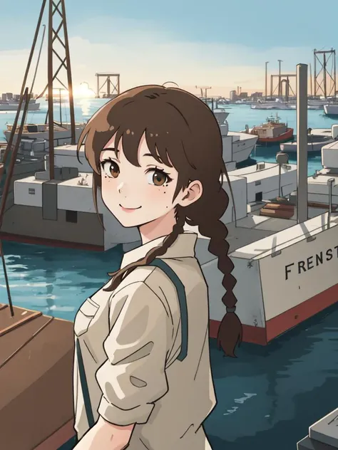 chalk (medium), 1girl, wearing explosives worker outfits, (light brown hair, french braid hair:1.36),
, Various postures, contemptuous, teasing smile, mole under eye,
(freckles:0.5), (dark mole:0.3), (skin spots, acnes, skin blemishes, age spot, lanugo:0.3), from below , in the (harbor:1.4),
cgsociety,
summer,
noon,
<lora:flat2:1>,, in gochuumon wa usagi desu ka? style, nostalgic