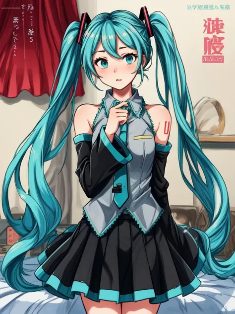 (cover, cover page:1.3), hatsune miku, twintails, green hair,bare shoulders, black skirt, black sleeves, detached sleeves, cyan shirt, hair ornament, (embarrassed:1.1), bedroom <lora:flat2:-1>, best quality, beautiful and delicate lips, delicate fingers, detailed pupil, illustration, NaturalHand2-3500, in gochuumon wa usagi desu ka? style, nostalgic