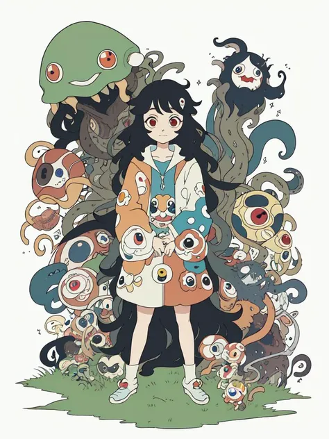 (Takashi Murakami:1.2), wavy hair, lying, <lora:flat2:1>, full body,simple background, looking afar, red eyes,standing,cartoon style, joe fenton, a black and white photo of deadpan, camping, unbecoming, gnawling, envy, Ghast (Lovecraftian),calm, soft smile, Wayne Barlowe,giger, tentacles,