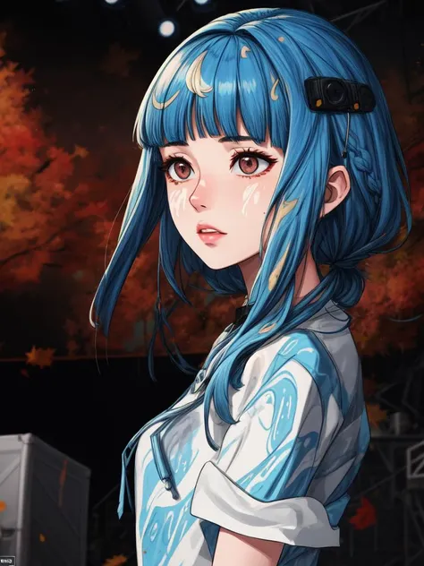 cyberpunked, 1girl, slender, wearing teller outfits, (marbling hair,  blunt bangs hair:1.36), faint lips, Various postures, bored,
(freckles:0.5), (dark mole:0.3), (skin spots, acnes, skin blemishes, age spot, lanugo:0.3),  from side , in the (stage:1.4), 
ConceptArtWorld,
autumn,
twightlight,
 NaturalHand2-3500  <lora:flat2:-1>, best quality, beautiful and delicate lips, delicate fingers, detailed pupil, illustration, NaturalHand2-3500