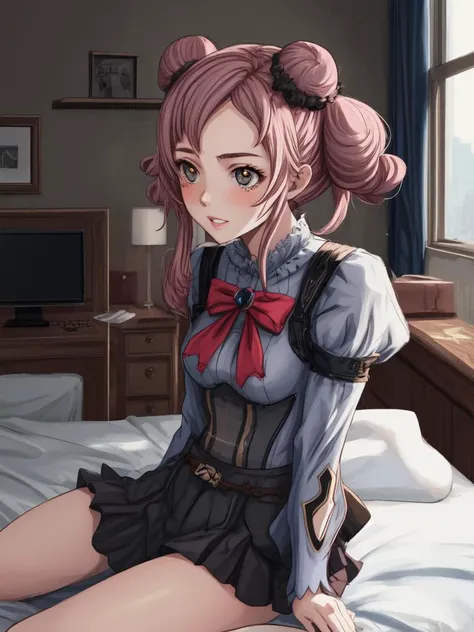 deviantart, 1girl, wearing computer systems analyst outfits, (glay hair,  bunches hair:1.36),
, Various postures, contemptuous,
(freckles:0.5), (dark mole:0.3), (skin spots, acnes, skin blemishes, age spot, lanugo:0.3), front view , in the (bedroom:1.4), 
ConceptArtWorld,
summer,
dawn,
<lora:flat2:-1>,, best quality, beautiful and delicate lips, delicate fingers, detailed pupil, illustration, NaturalHand2-3500
