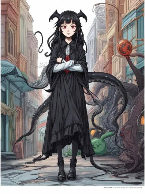 wavy hair, lying, <lora:flat2:-1>, full body,simple background, looking afar, red eyes,standing,cartoon style, joe fenton, a black and white photo of deadpan, camping, unbecoming, gnawling, envy, Ghast (Lovecraftian),calm, soft smile, Wayne Barlowe,giger, tentacles, in the (in main street:1.4),, in gochuumon wa usagi desu ka? style, nostalgic, best quality, beautiful and delicate lips, delicate fingers, detailed pupil, illustration, NaturalHand2-3500