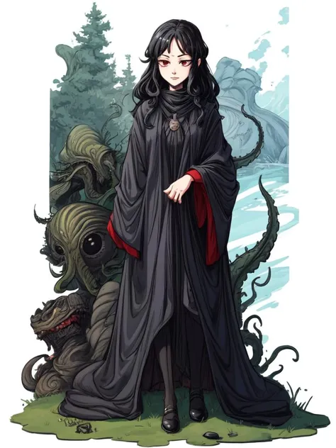wavy hair, lying, <lora:flat2:-1>, full body,simple background, looking afar, red eyes,standing,cartoon style, joe fenton, a black and white photo of deadpan, camping, unbecoming, gnawling, envy, Ghast (Lovecraftian),calm, soft smile, Wayne Barlowe,giger, tentacles, in the (outdoors:1.4),, in gochuumon wa usagi desu ka? style, nostalgic, best quality, beautiful and delicate lips, delicate fingers, detailed pupil, illustration, NaturalHand2-3500