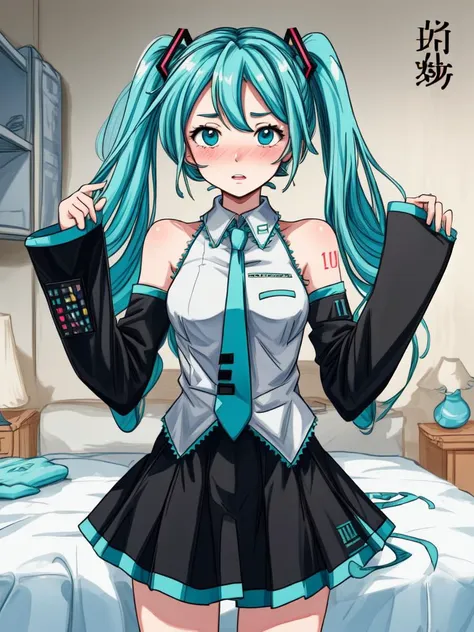 (cover, cover page:1.3), hatsune miku, twintails, green hair,bare shoulders, black skirt, black sleeves, detached sleeves, cyan shirt, hair ornament, (embarrassed:1.1), bedroom <lora:flat2:-1>, best quality, beautiful and delicate lips, delicate fingers, detailed pupil, illustration, NaturalHand2-3500, in gochuumon wa usagi desu ka? style, nostalgic