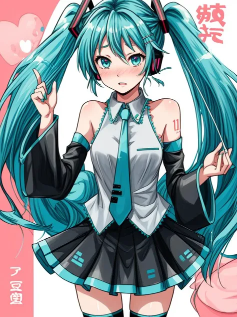 (cover, cover page:1.3), hatsune miku, twintails, green hair,bare shoulders, black skirt, black sleeves, detached sleeves, cyan shirt, hair ornament, (embarrassed:1.1), bedroom <lora:flat2:-1>, best quality, beautiful and delicate lips, delicate fingers, detailed pupil, illustration, NaturalHand2-3500, in gochuumon wa usagi desu ka? style, nostalgic