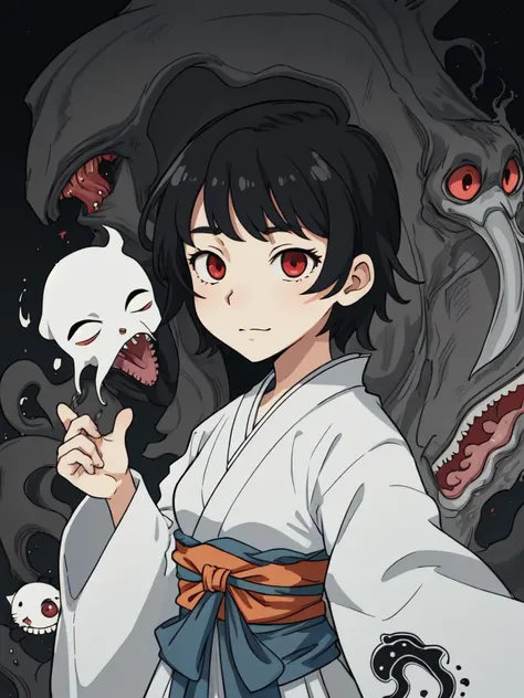 (1 girl:1.2), solo, himecut,traditional japanese clothes, red eyes,cartoon style, joe fenton, a black and white photo of deadpan, camping, unbecoming, gnawling, envy, Ghast (Lovecraftian),calm, soft smile, Wayne Barlowe,, in gochuumon wa usagi desu ka? style, nostalgic