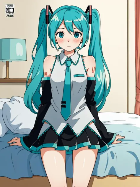 (cover, cover page:1.3), hatsune miku, twintails, green hair,bare shoulders, black skirt, black sleeves, detached sleeves, cyan shirt, hair ornament, (embarrassed:1.1), bedroom