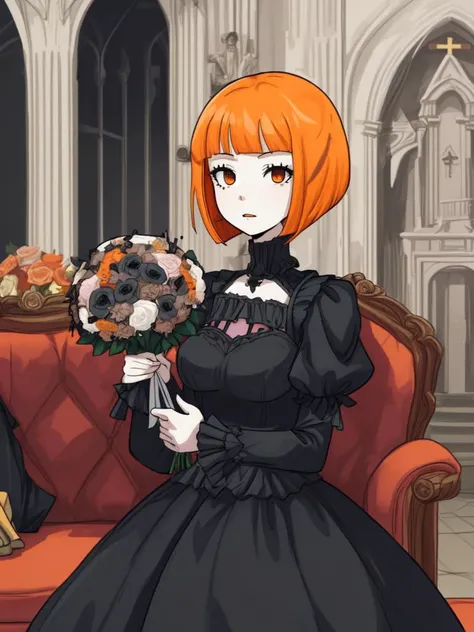 cyberpunked, GothGal, Her (holds the bouquet with both hands:1.3), (gothic:1.5), White girl, HDR, highly detailed eyes and face, a woman dressed in gothic ballgown holding, (pastel orange hair, bob cut hair:1.36), runny makeup, see through clothing, lace, embroidery,bored, pale white skin, wearing a ballgown, black dress, Detailed Background, Background is the Palace of the Evil Gods, churches, Altar, (sacrifice:1.3), candlestick, statue of Mary, couch, large door, cross, Armageddon, (Last Judgment:1.3), <lora:flat2:-1>, nostalgic,illustration,, in gochuumon wa usagi desu ka? style, nostalgic
