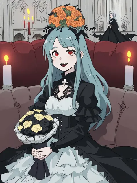 Blade Runner 2049, GothGal, Her (holds the bouquet with both hands:1.3), (gothic:1.5), White girl, HDR, highly detailed eyes and face, a woman dressed in gothic ballgown holding, (fluo colors hair, layered hair:1.36), runny makeup, see through clothing, lace, embroidery,laugh, pale white skin, wearing a ballgown, black dress, Detailed Background, Background is the Palace of the Evil Gods, churches, Altar, (sacrifice:1.3), candlestick, statue of Mary, couch, large door, cross, Armageddon, (Last Judgment:1.3), nostalgic,illustration,, in gochuumon wa usagi desu ka? style, nostalgic