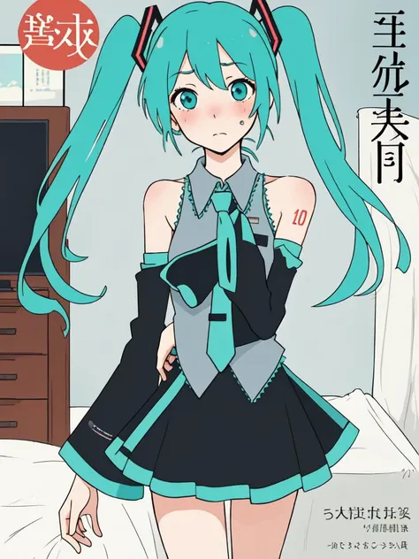 (cover, cover page:1.3), hatsune miku, twintails, green hair,bare shoulders, black skirt, black sleeves, detached sleeves, cyan shirt, hair ornament, (embarrassed:1.1), bedroom <lora:flat2:1>, in gochuumon wa usagi desu ka? style, nostalgic