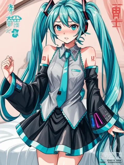 (cover, cover page:1.3), hatsune miku, twintails, green hair,bare shoulders, black skirt, black sleeves, detached sleeves, cyan shirt, hair ornament, (embarrassed:1.1), bedroom <lora:flat2:-1>, best quality, beautiful and delicate lips, delicate fingers, detailed pupil, illustration, NaturalHand2-3500, in gochuumon wa usagi desu ka? style, nostalgic