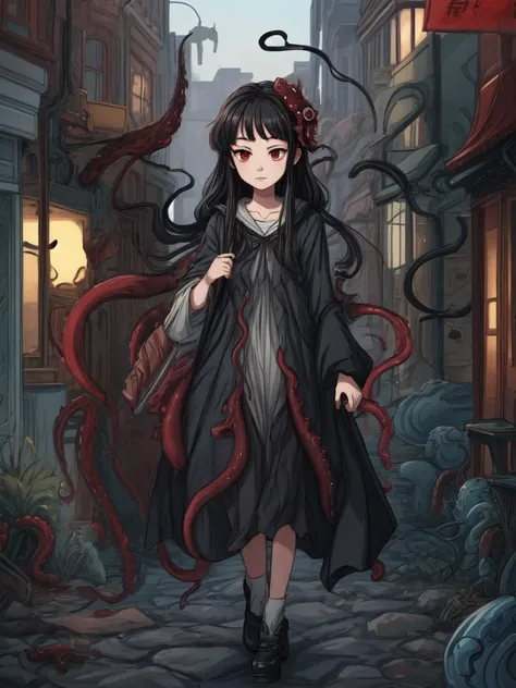 wavy hair, lying, <lora:flat2:-1>, full body,simple background, looking afar, red eyes,standing,cartoon style, joe fenton, a black and white photo of deadpan, camping, unbecoming, gnawling, envy, Ghast (Lovecraftian),calm, soft smile, Wayne Barlowe,giger, tentacles, in the (in main street:1.4),, in gochuumon wa usagi desu ka? style, nostalgic, best quality, beautiful and delicate lips, delicate fingers, detailed pupil, illustration, NaturalHand2-3500