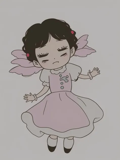 (deformed character, on back, Sleeping on the bed with eyes closed, sketch, chibi, kawaii, illustration:1.3), arms behind back, cowboy shot, (1girl:1.2), solo, 1girl, (high contrast hair, spiralcurl hair:1.36), dress, full_body, hairband, own_hands_together, puff_and_slash_sleeves, puffy_short_sleeves, puffy_sleeves, short_hair, short_sleeves, cartoon style, joe fenton, camping, unbecoming, calm, soft smile, (Pop horror style, sketch, illustration:1.4), (Grimm's fairy tales, Snow White:1.3), (white background:1.3), cute, kawaii, chibi, Cute and harmless specter, best quality, beautiful and delicate lips, delicate fingers, detailed pupil, illustration, manga, anime, 2D, paintings, sketches, <lora:flat2:1>,