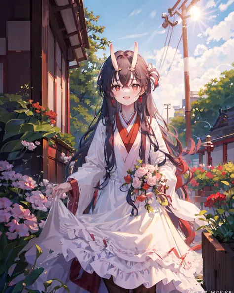 1girl,mikoshichiyo, <lora:MikoshiChiyoV1:1>,((solo)),(uchikake:1.4),wedding dress, light smile, garden, standing, cowboy shot,