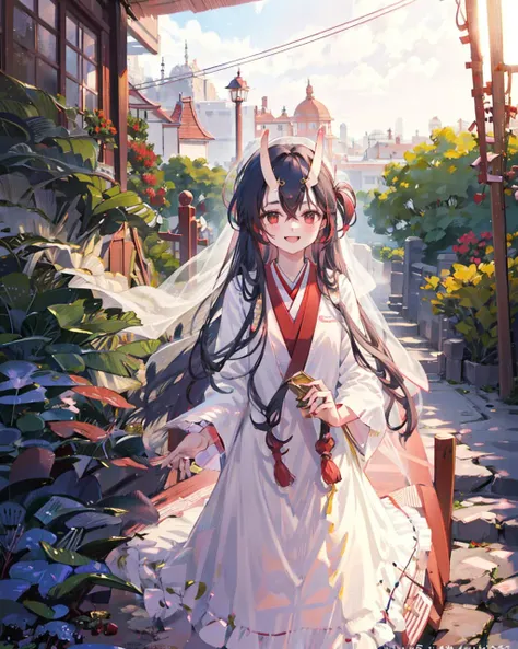 1girl,mikoshichiyo, <lora:MikoshiChiyoV1:1>,((solo)),(uchikake:1.4),wedding dress, light smile, garden, standing, cowboy shot,