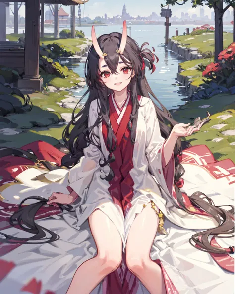 1girl,mikoshichiyo, <lora:MikoshiChiyoV1:1>,((solo)),(uchikake:1.4),wedding dress, light smile, garden,