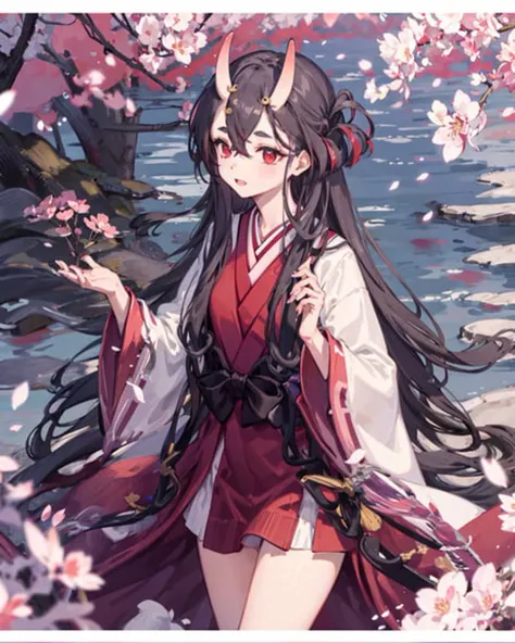 1girl,mikoshichiyo, <lora:MikoshiChiyoV1:1>,solo,standing,cowboy shot, cherry blossoms, kimono