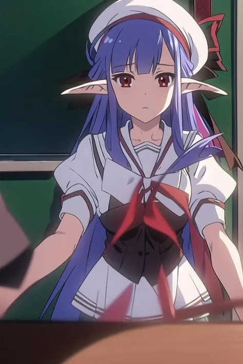 shufflenerine, <lora:nerinetest:1>,
nerine, long hair, blue hair, pointy ears, (red eyes:1.5),
BREAK skirt, hat, school uniform, short sleeves, socks, puffy sleeves, puffy short sleeves, beret,
BREAK looking at viewer,
BREAK indoors, classroom,
BREAK <lora:GoodHands-vanilla:1>, (masterpiece:1.2), best quality, high resolution, unity 8k wallpaper, (illustration:0.8), (beautiful detailed eyes:1.6), extremely detailed face, perfect lighting, extremely detailed CG, (perfect hands, perfect anatomy),
