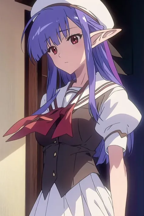 shufflenerine, <lora:nerinetest:1>,
nerine, long hair, blue hair, pointy ears, (red eyes:1.5),
BREAK skirt, hat, school uniform, short sleeves, socks, puffy sleeves, puffy short sleeves, beret,
BREAK looking at viewer,
BREAK indoors, classroom,
BREAK <lora:GoodHands-vanilla:1>, (masterpiece:1.2), best quality, high resolution, unity 8k wallpaper, (illustration:0.8), (beautiful detailed eyes:1.6), extremely detailed face, perfect lighting, extremely detailed CG, (perfect hands, perfect anatomy),