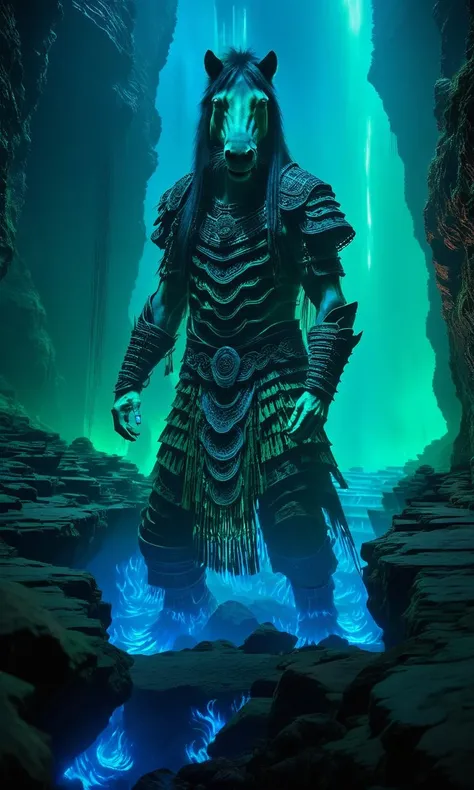 cinematic photo ((masterpiece)),((best quality)),8k,high detailed,ultra-detailed,intricate detail,((no humans)),Chinese folklore,((wearing armor)),(two legs),eerie,horror,underworld,upper body,((giant mamian)) stands at the edge of a bottomless abyss in the depths of the underworld. The eerie blue-green glow of ghostly flames illuminates the scene,casting haunting shadows on the jagged rocks.,<lora:mamiangui_V1:0.8>, . 35mm photograph, film, bokeh, professional, 4k, highly detailed