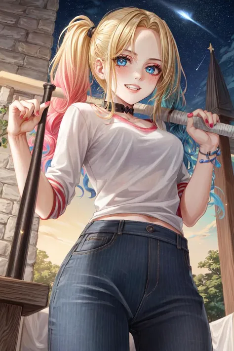 ((best quality)), ((highly detailed)), masterpiece, detailed face, beautiful face, (detailed eyes, deep eyes), (1girl), from below, pantyshot, upper body, <lora:hairdetailer:.9>, <lora:HarleyQuinn:.7>, pikkyharleyquinn, blonde hair, twintails, long hair, bangs, multicolored hair, blue hair, pink hair, blue eyes, medium breasts, red lips, makeup, nail polish, grin, capri pants, baseball bat, (at an altar, midnight, night sky, stars, moonlight, shooting star)