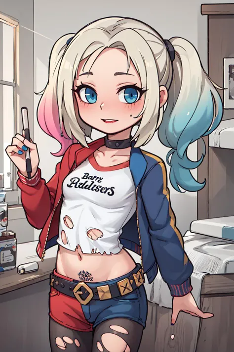 ((masterpiece)), (best quality), official art, extremely detailed CG, unity 8k wallpaper, ultra detailed, highly detailed, detailed background, vivid color, photorealistic, perfect lighting, best illumination,
pikkyharleyquinn, 1girl, solo, looking at viewer, blonde hair, multicolored hair, blue hair, pink hair, twintails, long hair, bangs, blue eyes, green eyes, breasts, small breasts, red lips, choker, shorts, pantyhose, jacket, makeup, midriff, navel, lipstick, belt, shirt, tattoo, jersey, t-shirt, torn clothes, crop top, multicolored clothes, torn pantyhose, multicolored jacket, short shorts, nail polish, (upper body:1.3), chibi,
<lora:HarleyQuinn:0.7>