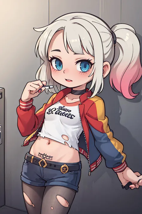 ((masterpiece)), (best quality), official art, extremely detailed CG, unity 8k wallpaper, ultra detailed, highly detailed, detailed background, vivid color, photorealistic, perfect lighting, best illumination,
pikkyharleyquinn, 1girl, solo, looking at viewer, blonde hair, multicolored hair, blue hair, pink hair, twintails, long hair, bangs, blue eyes, green eyes, breasts, small breasts, red lips, choker, shorts, pantyhose, jacket, makeup, midriff, navel, lipstick, belt, shirt, tattoo, jersey, t-shirt, torn clothes, crop top, multicolored clothes, torn pantyhose, multicolored jacket, short shorts, nail polish, (upper body:1.3), chibi,
<lora:HarleyQuinn:0.7>