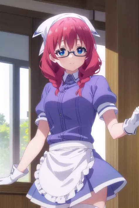 miuamano, <lora:miu amano s1-lora-nochekaiser:1>,
miu amano, long hair, bangs, blue eyes, braid, red hair, glasses, twin braids, semi-rimless eyewear, under-rim eyewear, smile,
BREAK skirt, shirt, thighhighs, gloves, short sleeves, pleated skirt, glasses, puffy sleeves, white gloves, apron, white thighhighs, puffy short sleeves, waist apron, purple skirt, purple shirt, waitress, head scarf,
BREAK indoors, restaurant,
BREAK looking at viewer, (cowboy shot:1.5),
BREAK <lyco:GoodHands-beta2:1>, (masterpiece:1.2), best quality, high resolution, unity 8k wallpaper, (illustration:0.8), (beautiful detailed eyes:1.6), extremely detailed face, perfect lighting, extremely detailed CG, (perfect hands, perfect anatomy),
