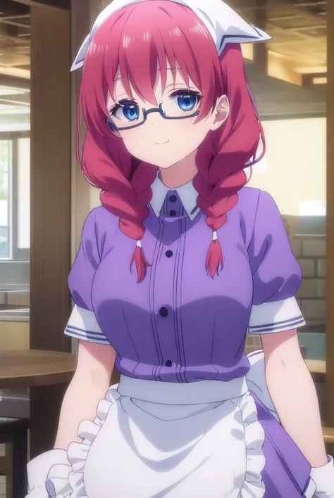 miuamano, <lora:miu amano s1-lora-nochekaiser:1>,
miu amano, long hair, bangs, blue eyes, braid, red hair, glasses, twin braids, semi-rimless eyewear, under-rim eyewear, smile,
BREAK skirt, shirt, thighhighs, gloves, short sleeves, pleated skirt, glasses, puffy sleeves, white gloves, apron, white thighhighs, puffy short sleeves, waist apron, purple skirt, purple shirt, waitress, head scarf,
BREAK indoors, restaurant,
BREAK looking at viewer, (cowboy shot:1.5),
BREAK <lyco:GoodHands-beta2:1>, (masterpiece:1.2), best quality, high resolution, unity 8k wallpaper, (illustration:0.8), (beautiful detailed eyes:1.6), extremely detailed face, perfect lighting, extremely detailed CG, (perfect hands, perfect anatomy),