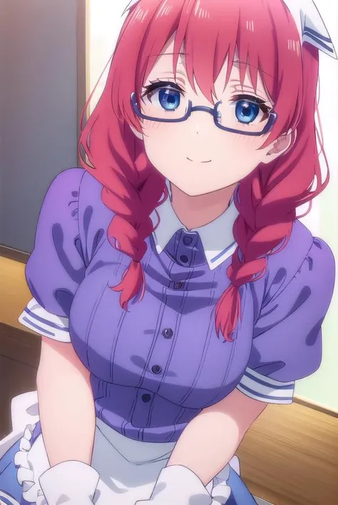 miuamano, <lora:miu amano s1-lora-nochekaiser:1>,
miu amano, long hair, bangs, blue eyes, braid, red hair, glasses, twin braids, semi-rimless eyewear, under-rim eyewear, smile,
BREAK skirt, shirt, thighhighs, gloves, short sleeves, pleated skirt, glasses, puffy sleeves, white gloves, apron, white thighhighs, puffy short sleeves, waist apron, purple skirt, purple shirt, waitress, head scarf,
BREAK indoors, restaurant,
BREAK looking at viewer, (cowboy shot:1.5),
BREAK <lyco:GoodHands-beta2:1>, (masterpiece:1.2), best quality, high resolution, unity 8k wallpaper, (illustration:0.8), (beautiful detailed eyes:1.6), extremely detailed face, perfect lighting, extremely detailed CG, (perfect hands, perfect anatomy),