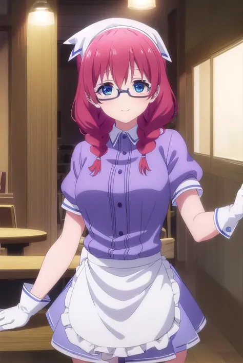 miuamano, <lora:miu amano s1-lora-nochekaiser:1>,
miu amano, long hair, bangs, blue eyes, braid, red hair, glasses, twin braids, semi-rimless eyewear, under-rim eyewear, smile,
BREAK skirt, shirt, thighhighs, gloves, short sleeves, pleated skirt, glasses, puffy sleeves, white gloves, apron, white thighhighs, puffy short sleeves, waist apron, purple skirt, purple shirt, waitress, head scarf,
BREAK indoors, restaurant,
BREAK looking at viewer, (cowboy shot:1.5),
BREAK <lyco:GoodHands-beta2:1>, (masterpiece:1.2), best quality, high resolution, unity 8k wallpaper, (illustration:0.8), (beautiful detailed eyes:1.6), extremely detailed face, perfect lighting, extremely detailed CG, (perfect hands, perfect anatomy),