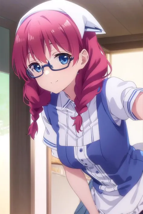 miuamano, <lora:miu amano s1-lora-nochekaiser:1>,
miu amano, long hair, bangs, blue eyes, braid, red hair, glasses, twin braids, semi-rimless eyewear, under-rim eyewear, smile,
BREAK skirt, shirt, thighhighs, gloves, short sleeves, pleated skirt, glasses, puffy sleeves, white gloves, apron, white thighhighs, puffy short sleeves, waist apron, purple skirt, purple shirt, waitress, head scarf,
BREAK indoors, restaurant,
BREAK looking at viewer, (cowboy shot:1.5),
BREAK <lyco:GoodHands-beta2:1>, (masterpiece:1.2), best quality, high resolution, unity 8k wallpaper, (illustration:0.8), (beautiful detailed eyes:1.6), extremely detailed face, perfect lighting, extremely detailed CG, (perfect hands, perfect anatomy),