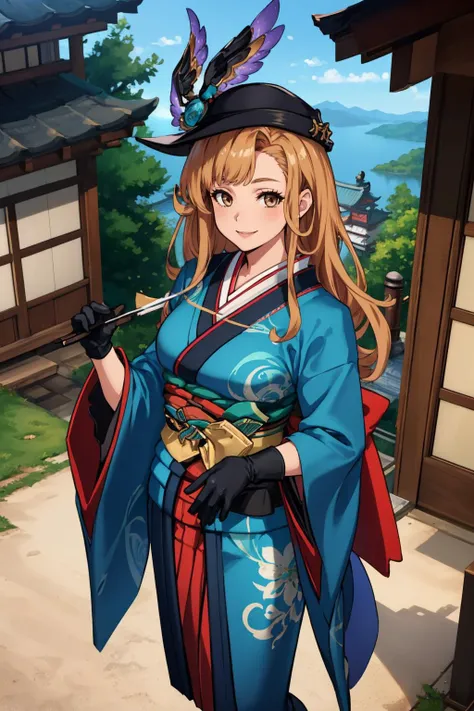 masterpiece, best quality, <lora:spgbfTweyen-09:0.9> tweyenny, hat, black headwear, black gloves, japanese clothes, kimono, blue kimono, obi, sash, skirt, hakama skirt, wide sleeves, japanese architecture, standing, looking at viewer, smile, from above, brown eyes