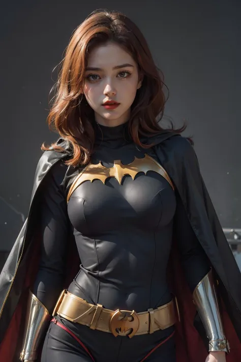 batgirl, suit, orange hair, cape, bodysuit, cape, lipstick,