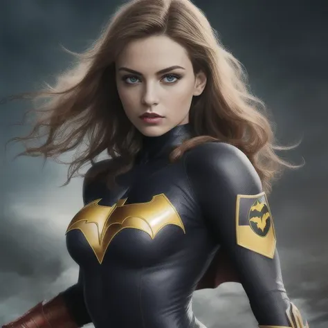 photo of eliol69, highres, masterpiece, 1girl, solo, best quality, realistic, outdoors, looking at viewer, perspective shot, ((Batman cosplay)), sweat, petite, navel, (red hair), smirk, aroused, 4K, HDR. by (James C. Christensen:1.2|Jeremy Lipking:1.1).