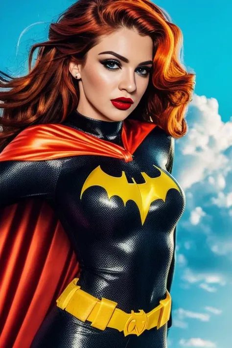 Batgirl body defined thick thighs cybernetic body parts , short underwear, ruiva de olhos azuis, Superman S symbol on chest, rosto detalhado, linda, sorriso lindo, cabelo vermelho,