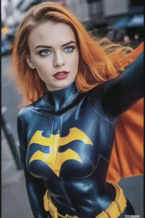 superb 22yo <lora:Barbara:0.85> batgirl, suit, orange hair, cape, bodysuit, cape, lipstick, <lora:Rogue-fC-V1:0.6> bodysuit, bright vibrant colors, vivid saturated colors, tight 90's superhero suit, cleavage, thighs, (full-body, dynamic posing, dramatic posing, from front) , <lora:ClothesLiftSelfieV1:1.2> (selfie, clothes lift), nipples BREAK ((photorealistic), realistic face), medium breasts, beautifully detailed woman, realistic face, detailed mouth, extremely detailed eyes_and_face, beautiful attractive face, beautiful detailed eyes, (photorealistic), pronounced feminine feature, matte eyeshadow, eyelashes, eyeliner, perfect fit body, smooth skin, dynamic posing, toned body, flat belly, perfect feminine hands, BREAK  color HD photo, Poorly lit, (full-body shot, high quality photo, masterpiece), HDR, 8K resolution, analogue RAW DSLR, best quality, absurdres, vivid vibrant colors, skin pores, intricate detail, (intricately detailed face_and_eyes), realistic human hands, sophisticated detail, (realistic lighting, sharp focus), centerfold, bokeh, official art, 8k wallpaper, ultra high res, professional photography 1girl,