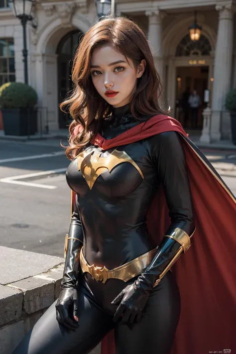 batgirl, suit, orange hair, cape, bodysuit, cape, lipstick,