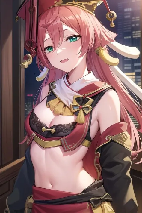 yanfei, <lora:yanfei-lora-nochekaiser:1>,
yanfei, antlers, horns, pink hair, long hair, hair between eyes, (green eyes:1.5), <lora:smirkingeye_v100:1>, <lora:smirkingmouth_v100:1>, open mouth, smile,
BREAK black bra, black shorts, boots, bow, bra, high heels, long sleeves, midriff, navel, red headwear, red skirt, red vest, shorts, skirt, two-tone footwear, vest, yellow bow,
BREAK indoors, courtroom,
BREAK looking at viewer, (cowboy shot:1.5),
BREAK <lyco:GoodHands-beta2:1>, (masterpiece:1.2), best quality, high resolution, unity 8k wallpaper, (illustration:0.8), (beautiful detailed eyes:1.6), extremely detailed face, perfect lighting, extremely detailed CG, (perfect hands, perfect anatomy),
