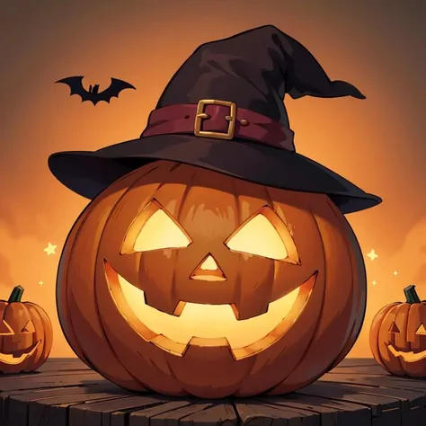 ((masterpiece,best quality)), absurdres,
<lora:Jack-o-lantern_Anime:0.5>,  no humans,  pumpkin, halloween,  witch hat, 
solo, looking at viewer, 
cinematic composition,