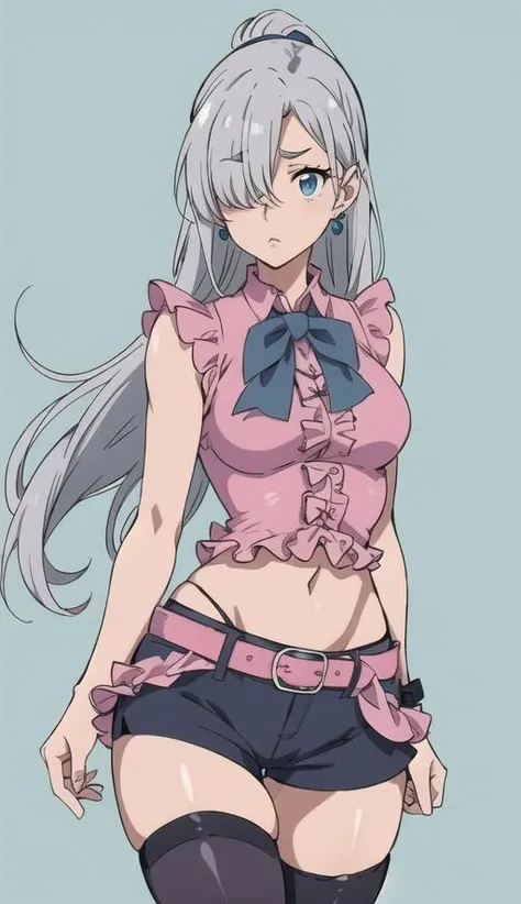 <lora:Elizabeth:1> Silver hair, blue eyes, light skin, pink ruffled sleeveless blouse with blue bow, black shorts with belt and buckle, thigh-high black stocking on right leg, turquoise earrings, hand touching blue bow, (covered eye by hair:1.3), Elizabeth