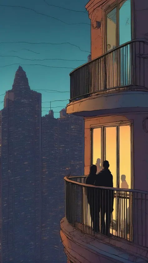 unexpected sound wave sends chills to two friends on a balcony, both of them have a fear body language as if startled, city under attack, <lora:MODILL_RC_V0.04:1.5>