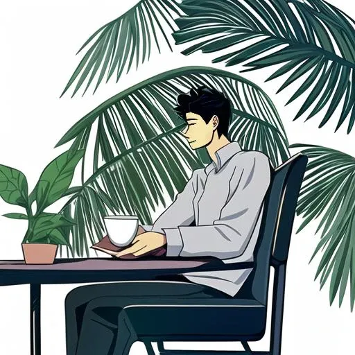 flat business illusstration, exegarate, 1 boy sitting, drink a coffee, white
background. no raster, no detail
high quality